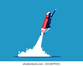 Business development to grow. Businesswoman flies up with a pencil