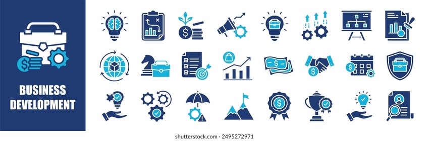 Conjunto de colecciones de iconos de desarrollo empresarial. Contiene diseño, negocios, desarrollo, tecnología, estrategia, trabajo en equipo y más. Iconos de vector sólido colección.	