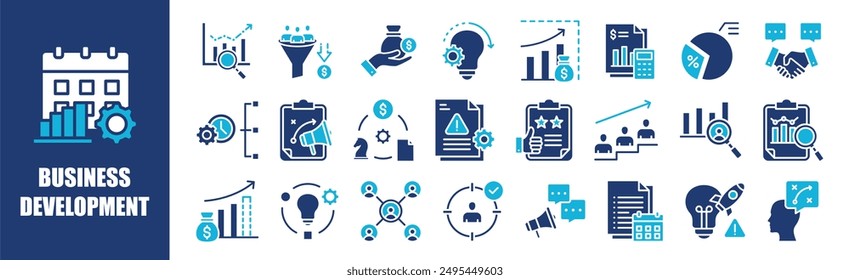 Conjunto de colecciones de iconos de desarrollo empresarial. Contiene diseño, negocios, desarrollo, tecnología, estrategia, trabajo en equipo y más. Iconos de vector sólido colección.	