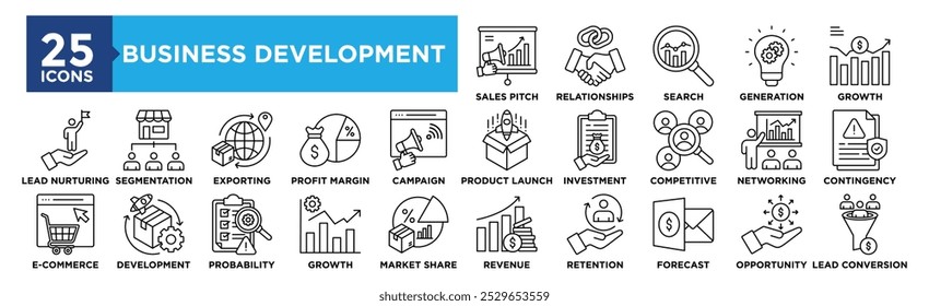 Conjunto de coleções de ícones de Desenvolvimento Empresarial. Contendo negócios de design, desenvolvimento, estratégia, equipe, gerenciamento, sucesso