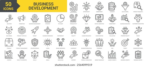 Business Development icon collection set. Containing promotion, business management, strategy, pie chart, productivity, value, online marketing, commitment, partnership icon. Simple line vector