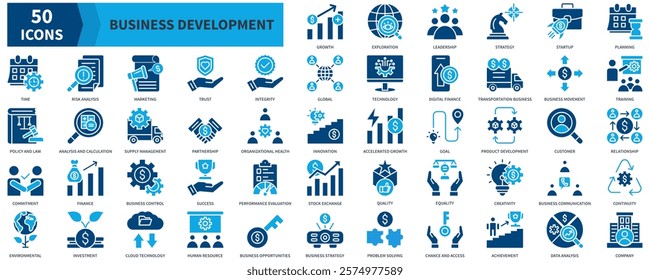 Business Development Icon Collection Set. Containing growth, exploration, leadership, strategic, planning, training, business relationship, company, success Icon. Simple Flat Vector. Blue Color Style