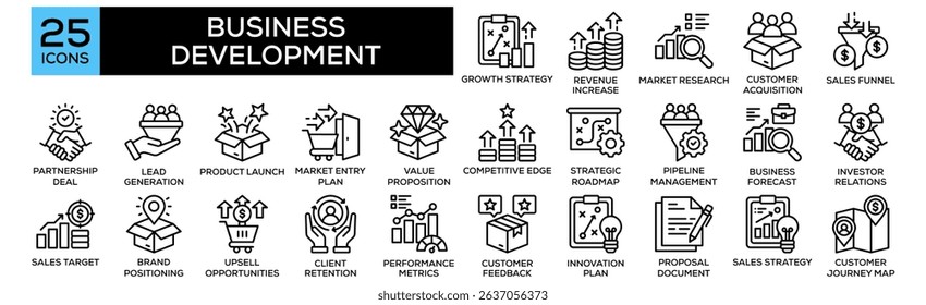 Business Development icon collection set. Containing design Growth Strategy, Revenue Increase, Market Research, Customer Acquisition, Sales Funnel