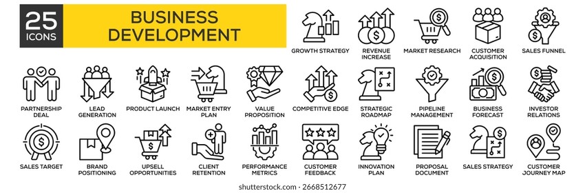 Conjunto de coleções de ícones de Desenvolvimento Empresarial. Contendo a estratégia de crescimento do projeto, aumento da receita, pesquisa de mercado, aquisição de clientes, funil de vendas
