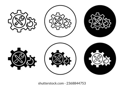 Icono de desarrollo empresarial. Trabajo industrial en curso o conjunto de símbolos de servicio de mantenimiento de proyectos. Desarrollo de negocio bajo el signo de vector de proceso. Logotipo de la herramienta de mecanismo de máquina o de la línea de equipo. 