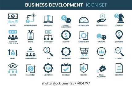 Business Development icon set. Duotone and glyph style.