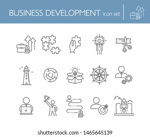 Business development icon set. Line icons collection on white background. Logic, efficiency, creativity. Innovation concept. Can be used for topics like management, strategy, solution