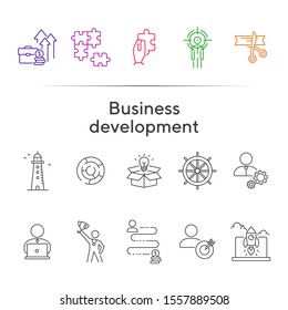 Business development icon set. Line icons collection on white background. Logic, efficiency, creativity. Innovation concept. Can be used for topics like management, strategy, solution