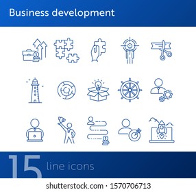 Business development icon set. Line icons collection on white background. Logic, efficiency, creativity. Innovation concept. Can be used for topics like management, strategy, solution