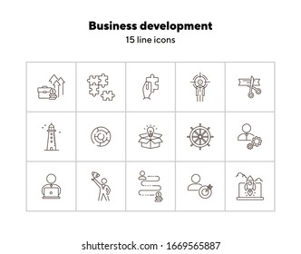 Business development icon set. Line icons collection on white background. Logic, efficiency, creativity. Innovation concept. Can be used for topics like management, strategy, solution