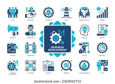 Business Development icon set. Strategy, Investment, Management, Vision, Revenue, Innovation, Cooperation, Project Duotone color solid icons