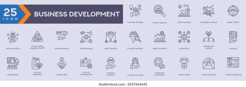 Business Development icon set vector image in outline style, 
set of Web icons in outline style, 
set icon for Web and outline app
