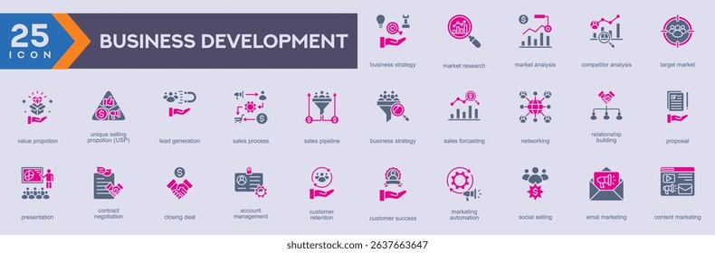 Business Development icon set vector image in glyph style, 
set of Web icons in glyph style, 
set icon for Web and glyph app
