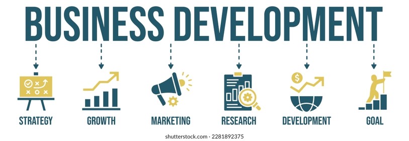 Icono de desarrollo empresarial Icono vectorial Ilustración web para Empresas, Estrategia, Crecimiento, Comercialización, Desarrollo, Investigación y Objetivo