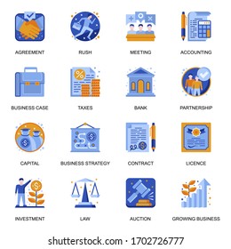 Business development icons set in flat style. Taxes and charges, agreement and contract, strategy planning and accounting, capital investment signs. Growing business pictograms for UX UI design.