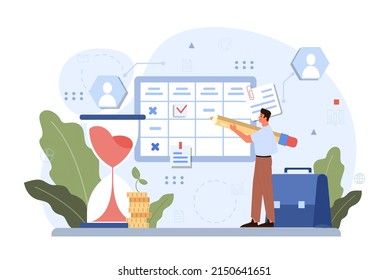 Ilustración del desarrollo empresarial. Idea de estrategia y éxito en asociación. Establecer un objetivo o un objetivo y el siguiente programa. Ilustración vectorial aislada en estilo plano