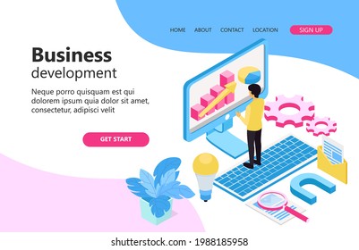 Business development illustration, a man in front of a computer screen, standing on a keyboard. looking at the rising graph. Isometric vector illustration design concept.