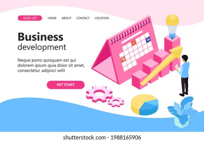 Business development illustration, a man with a smart phone in his hand. a scheduled business idea, a rising bar graph. Isometric vector illustration design concept.