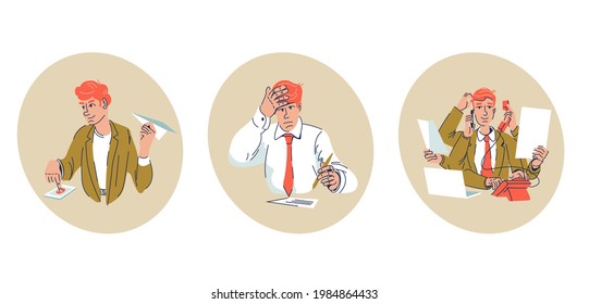 Illustrationen zur Unternehmensentwicklung.  Kollektion von Szenen mit Männern und Frauen, die an Geschäftstätigkeiten teilnehmen. Trendvektor-Stil