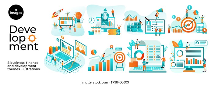 Business Development illustrations. Mega set. Collection of scenes with men and women taking part in business activities. Trendy vector style - Powered by Shutterstock - Get 15% off with code: PIKWIZARD15