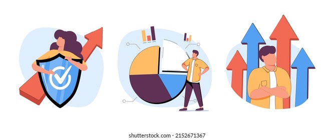 Ilustraciones de desarrollo empresarial. Mega set. Colección de escenas con hombres y mujeres participando en actividades empresariales. Estilo vectorial de moda. Gestión de marketing. Éxito empresarial, crecimiento. Gráficos.