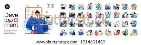 Business Development illustrations. Mega set. Collection of scenes with men and women taking part in business activities. Trendy vector style