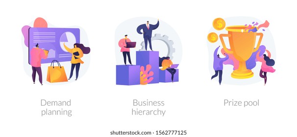 Business development and improvement flat icons set. Start up launching strategy. Demand planning, business hierarchy, prize pool metaphors. Vector isolated concept metaphor illustrations.