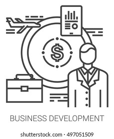 Business development infographic metaphor with line icons. Development of business project concept for website and infographics. Vector line art icon isolated on white background.