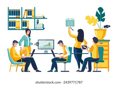 Business development isolated cartoon vector illustrations set. Diverse people discussing business plan, brainstorm startup idea, create company vision, entrepreneur develop mission.Work in the office