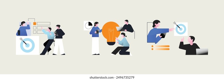 Business development isolated cartoon vector illustrations set. Diverse people discussing business plan, brainstorm startup idea, entrepreneur develop mission vector cartoon.