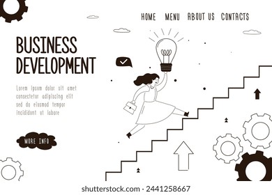 Business development, landing page template. Career success for woman or female leadership, goal achievement and business challenge. confidence businesswoman climbing up staircase with idea light bulb