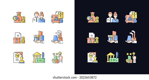 Business development light and dark theme RGB color icons set. Company staff. Short-term deposit. Isolated vector illustrations on white and black space. Simple filled line drawings pack