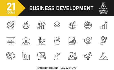 Conjunto de iconos de línea de desarrollo empresarial. Conjunto de 21 iconos de esquema relacionados con el desarrollo, negocios, startup, crecimiento, estrategia, mejora y otros. Trazo editable. Ilustración vectorial.