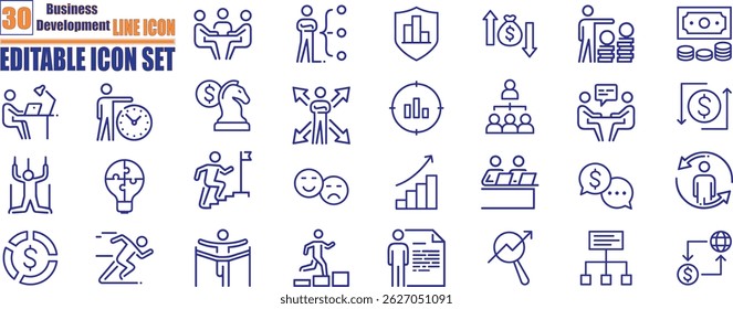 Icons für die Geschäftsentwicklungslinie gesetzt. Businessman Gliedersymbole Sammlung. Geld, Investition, Teamwork, Meeting, Partnerschaft, Meeting, Work Success
