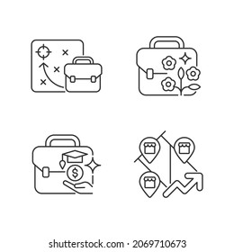 Lineare Icons für die Geschäftsentwicklung eingestellt. Wachstum und Wohlstand der kleinen Unternehmen. Bildungszuschuss. Anpassbare Dünnlinienkontursymbole. Einzige Vektorgrafik-Rahmenillustrationen. Bearbeitbarer Hub