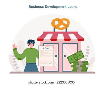 Business development loan type. Bank-offered financing of start-up. Loan application, credit arrangements. Flat vector illustration