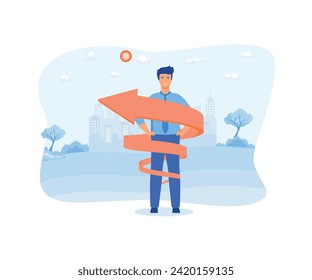 Business development. Man increasing career and personal improvement visualization with upward spiral arrow.  flat vector modern illustration 