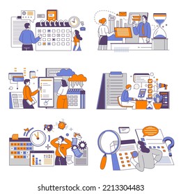 Business development and management, employees working on management of projects and tasks. Workflow of organization, calendars and schedules, to do lists and deadlines. Vector in flat style