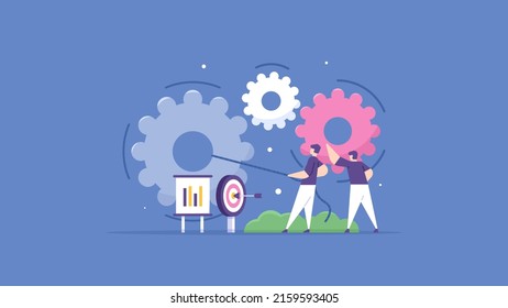 business development and management. a team or partners work together to repair and connect gear. teamwork, target and improvement, maintenance of business system. flat cartoon illustration. concept