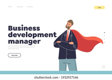 Business Development Manager Konzept der Landing-Page mit erfolgreichem Business-Mentor in rotem Super-Helden-Kap stehen mit Händen. Cartoon-Flavektor-Vektorgrafik