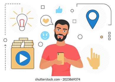 Business development modern digital technology vector illustration. Cartoon businessman character holding smartphone with finger touching screen, light bulb idea thin line icons isolated on white background.