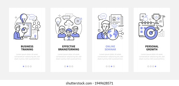 Business development - modern line design style web banners with copy space for text. Training, effective brainstorming, online seminar, personal growth idea. Teamwork, progress and task management