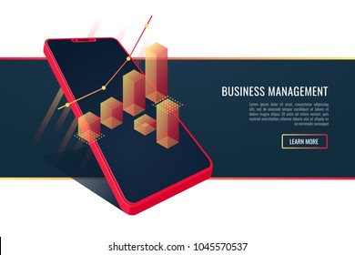 Business development on phone screen. Strategy of successful business development. Financial report and strategy. Business diagram graph chart.Conceptual vector vertical banner