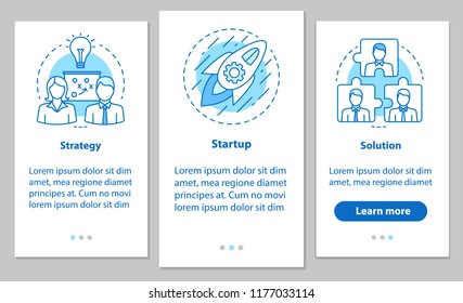 Business development onboarding mobile app page screen with linear concepts. Cooperation and interaction. Strategy, startup, solution steps instructions. UX, UI, GUI vector template with illustrations