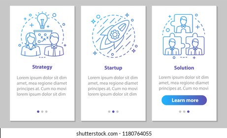 Business development onboarding mobile app page screen with linear concepts. Cooperation and interaction. Strategy, startup, solution steps graphic instructions. UX, UI, GUI vector illustrations