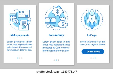 Business development onboarding mobile app page screen with linear concepts. Financial services. Make payment, earn money, startup launch. Steps instructions. UX, UI, GUI vector illustrations