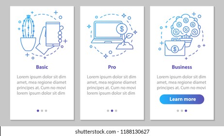 Business development onboarding mobile app page screen with linear concepts. Basic, pro options. Financial services. Business software. Steps graphic instructions. UX, UI, GUI vector illustrations