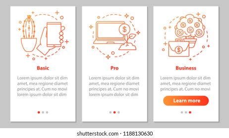 Business development onboarding mobile app page screen with linear concepts. Basic, pro options. Financial services. Business software. Steps graphic instructions. UX, UI, GUI vector illustrations