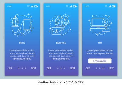 Business development onboarding mobile app page screen vector template. Basic, pro options. Business software walkthrough website steps with linear illustrations. UX, UI, GUI smartphone interface