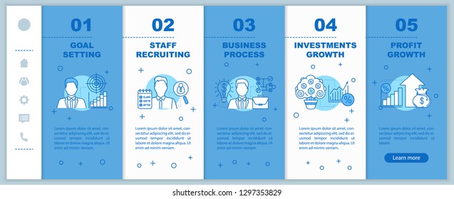 Business development onboarding mobile app page screen vector template. Goal setting, staff recruiting, profit growth walkthrough with linear illustrations. UX, UI, GUI smartphone interface concept
